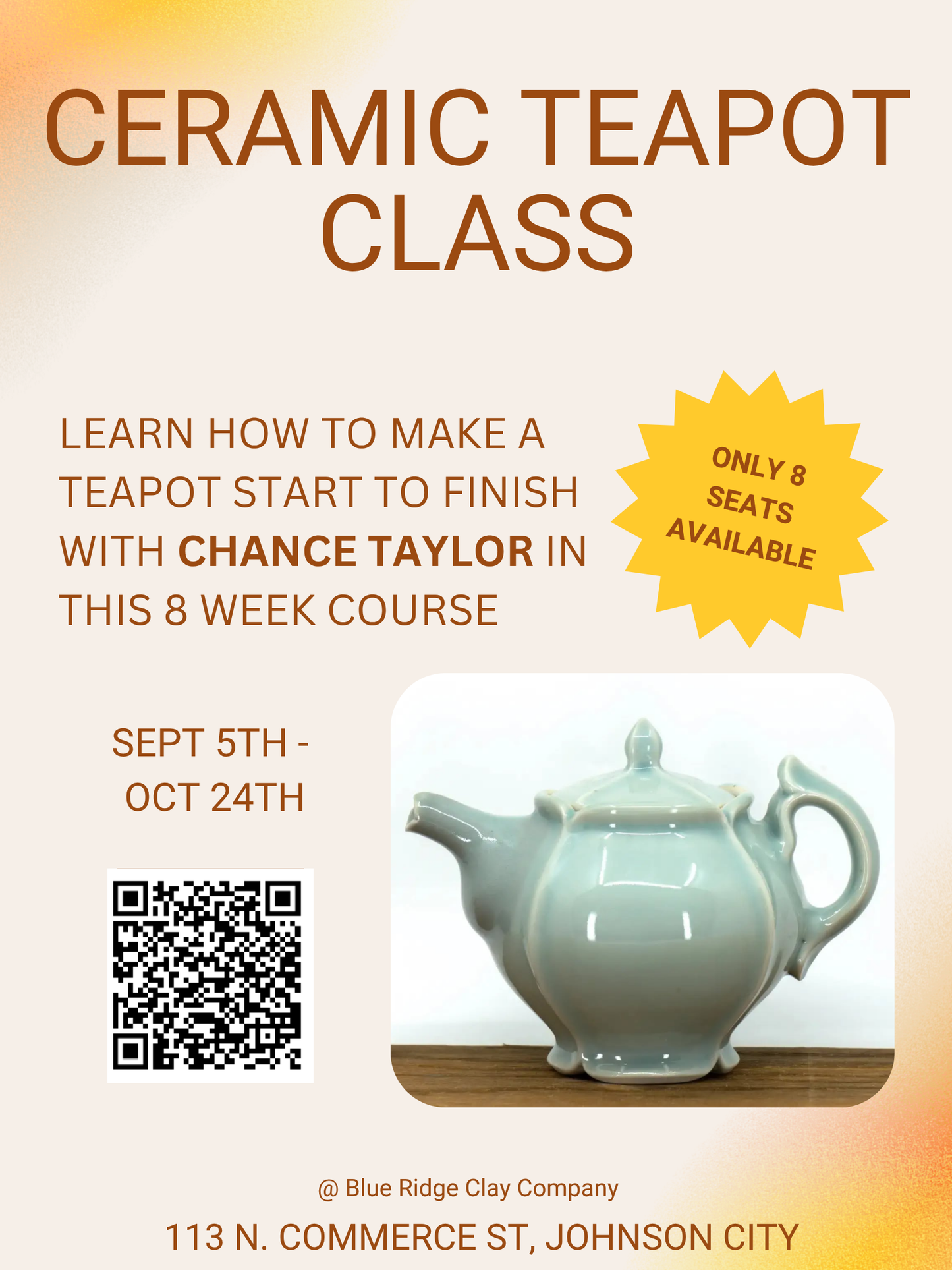 Teapot Making Class - September 5th - October 24th - 12pm-3pm
