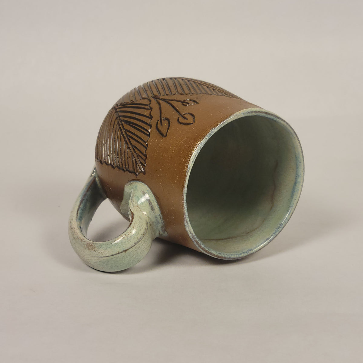 Sage and Blue Glazed Mug with Raw  Clay Belly